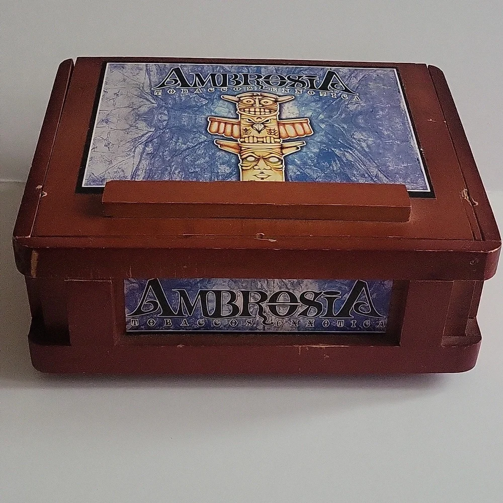 Wood Ambrosia Tobaccos Exxotica EMPTY Cigar Lift Lid Box Tiki Design